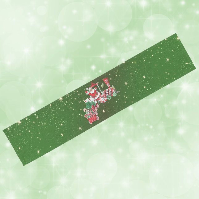 Santa on Christmas Train Candy Letters Gold Stars  Short Table Runner (Santa riding Christmas train with candy, letters on dark green with gold stars holiday table runner.)