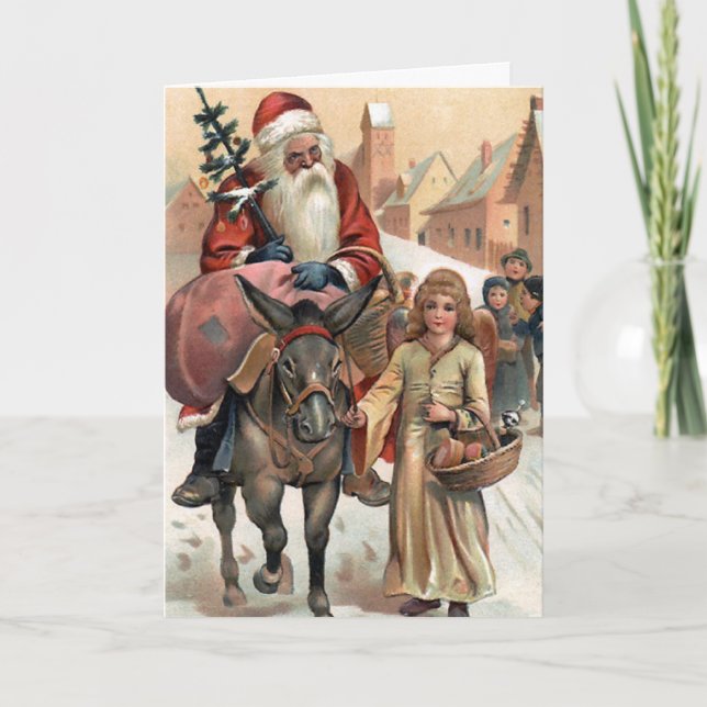 Santa on Donkey Vintage Christmas Card (Front)