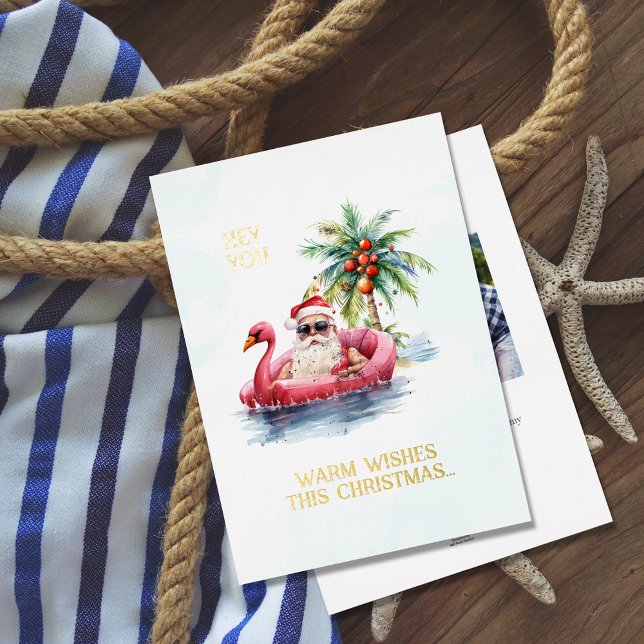 Santa on Flamingo Pool Floatie Christmas Foil Holiday Card (Creator Uploaded)