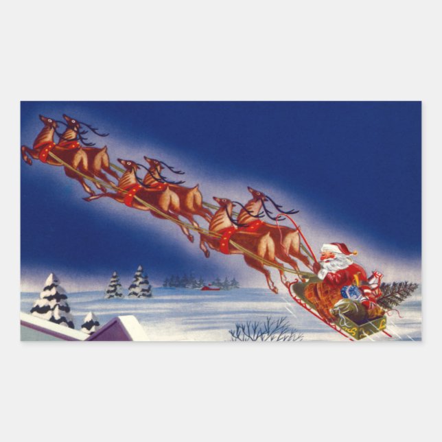 Santa on his Sleigh Rectangular Sticker (Front)