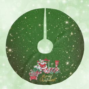 Santa on Merry Christmas Train Letters Green stars Brushed Polyester Tree Skirt