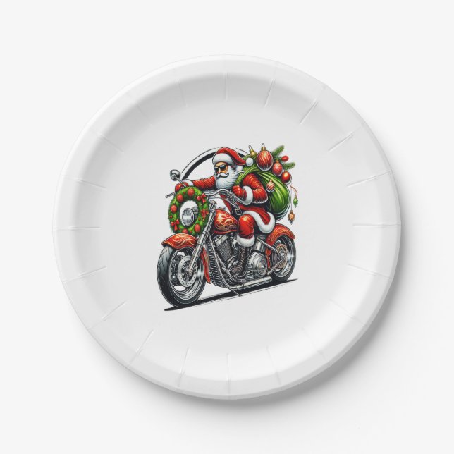 Santa on Motorcycle Christmas Biker Paper Plate (Front)