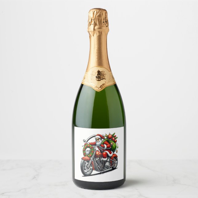 Santa on Motorcycle Christmas Biker Sparkling Wine Label (Front)