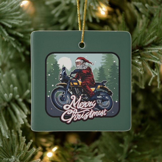 Santa on Motorcycle Personalised Ceramic Ornament (Tree)