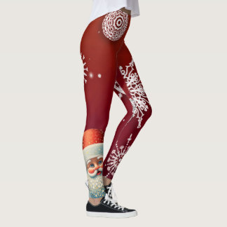Santa on red snowflake background leggings 