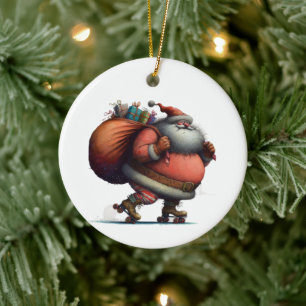 Santa on Roller Skates with Gifts Customised Ceramic Ornament