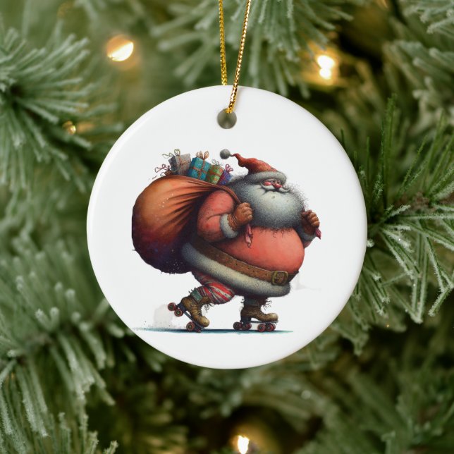 Santa on Roller Skates with Gifts Customised Ceramic Ornament (Tree)