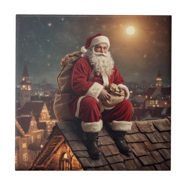 Santa on Rooftop Ceramic Tile (Front)