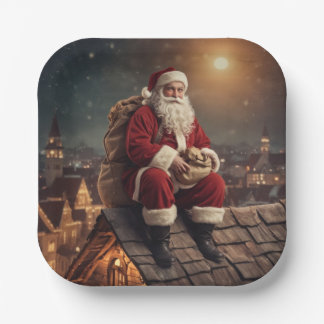 Santa on Rooftop Paper Plate