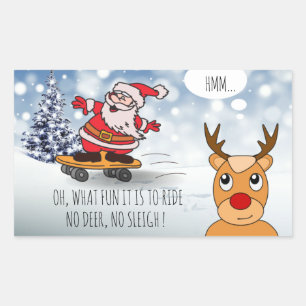 Santa on skateboard funny reindeer sleigh winter rectangular sticker