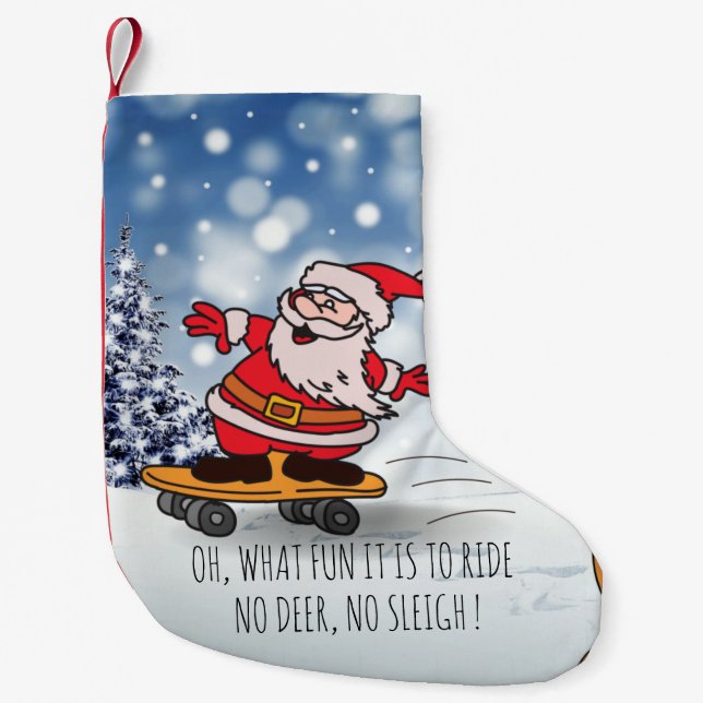 Santa on skateboard funny reindeer sleigh winter small christmas stocking (Front)
