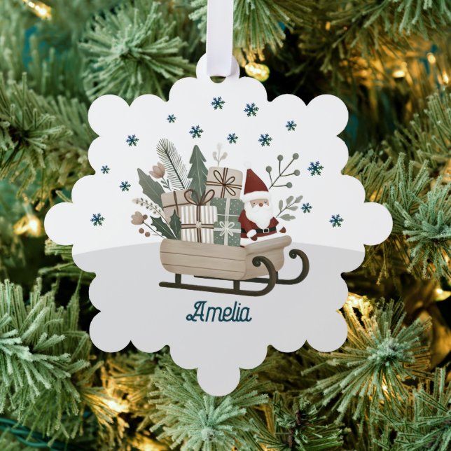 Santa on Sleigh Gifts Snowflakes Name Christmas Tree Decoration Card (Insitu (Tree))