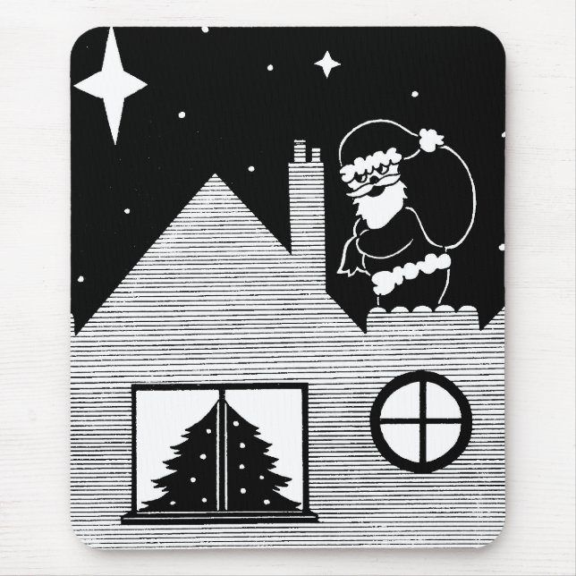 santa on snow covered roof black white Christmas Mouse Pad (Front)