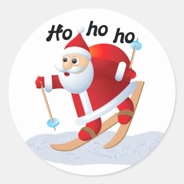 Santa on Snow Skis Round Christmas Stickers (Front)