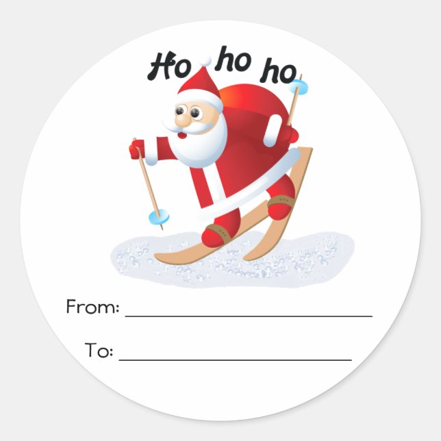 Santa on Snow Skis Round To/From Stickers (Front)
