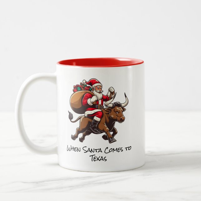 Santa on Texas Longhorn Bull Delivering Gifts Mug (Left)