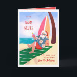 Santa on the Beach Summer Holiday Christmas Card<br><div class="desc">Original illustration of Santa on the Beach with tropical drink leaning on a surfboard; optional photo on the inside (colours inside editable). ©Becky Nimoy 2021</div>