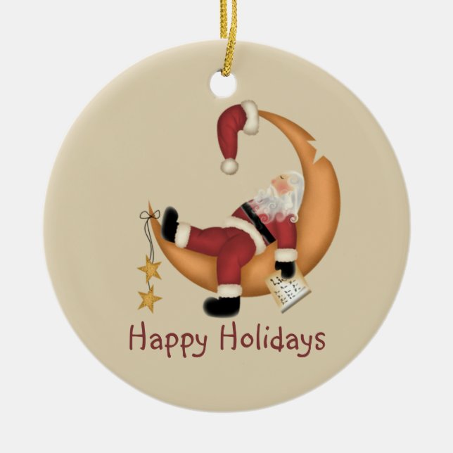 Santa on the Moon Ceramic Ornament (Front)