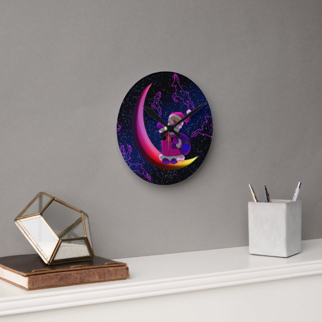 Santa on the Moon Round Clock (Office)