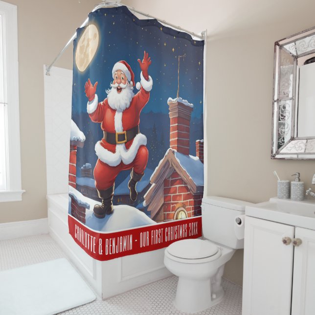 Santa On The Rooftops | Our First Christmas Name Shower Curtain (In Situ)