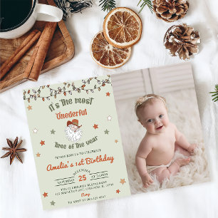 Santa Onederful Christmas First Birthday Photo Invitation