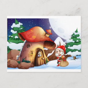 Santa outside the mushroom house holiday postcard