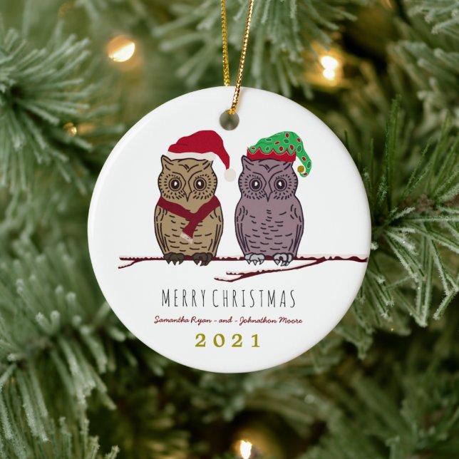 Santa Owl and Elf Owl Christmas Ornament (Tree)