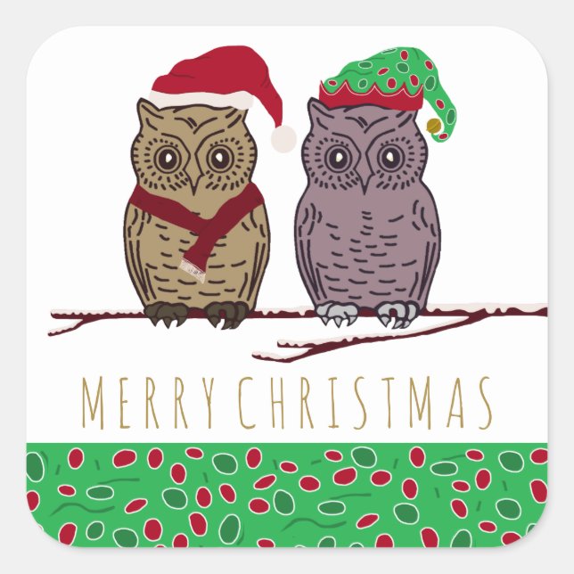 Santa Owl and Elf Owl Square Sticker (Front)