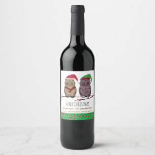 Santa Owl and Elf Owl Wine Label