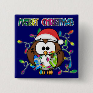 Santa owl & Christmas lights 15 Cm Square Badge
