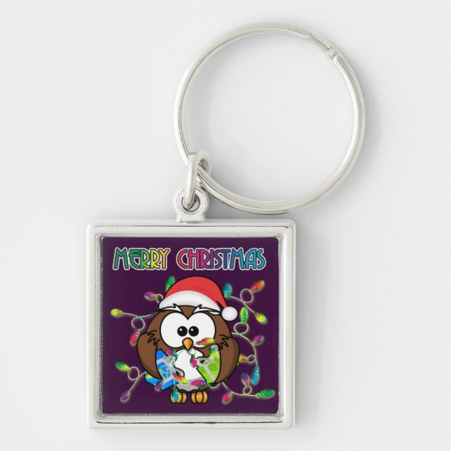 Santa owl & Christmas lights Key Ring (Front)