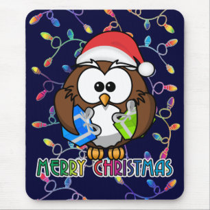 Santa owl & Christmas lights Mouse Pad