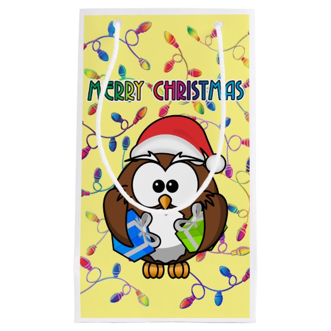 Santa owl & Christmas lights Small Gift Bag (Front)