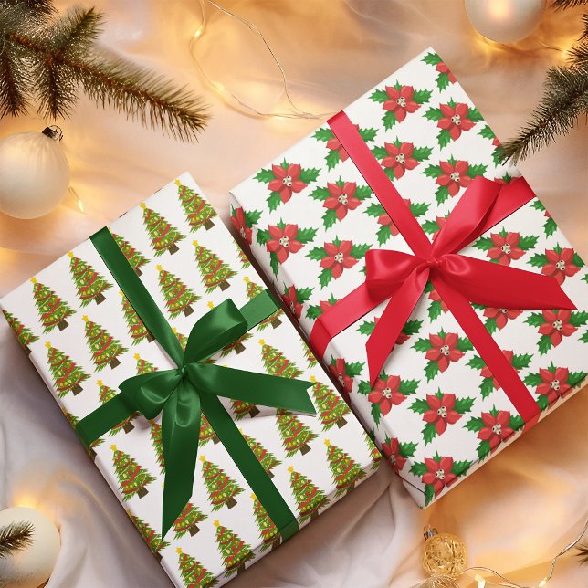 Santa Owl, Christmas Tree & Poinsettia  Wrapping Paper Sheet (Creator Uploaded)