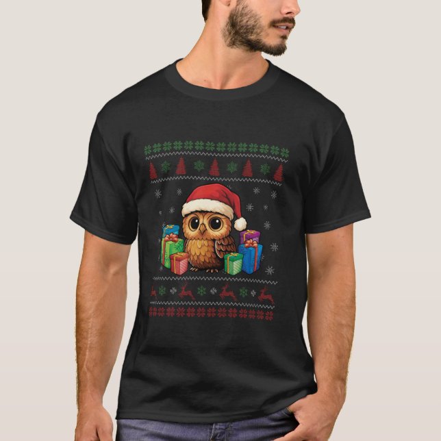 Santa Owl Happy Christmas Funny Ugly Christmas  T-Shirt (Front)
