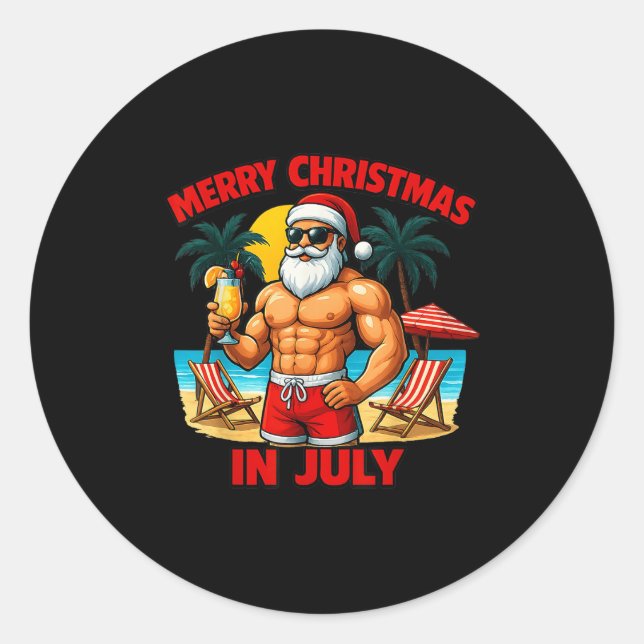 Santa Party Summer Vacation On The Beach Christmas Classic Round Sticker (Front)