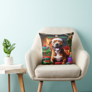 "Santa Paws: A Staffy’s Festive Surprise" Cushion