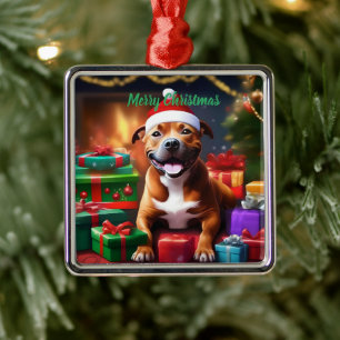 "Santa Paws: A Staffy’s Festive Surprise" Metal Ornament
