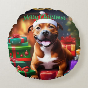 "Santa Paws: A Staffy’s Festive Surprise" Round Cushion