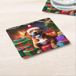 "Santa Paws: A Staffy’s Festive Surprise" Square Paper Coaster