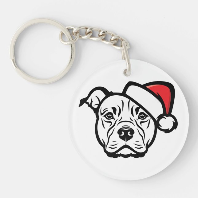 Santa Paws: AmStaff Dog in Festive Hat Key Ring (Front)
