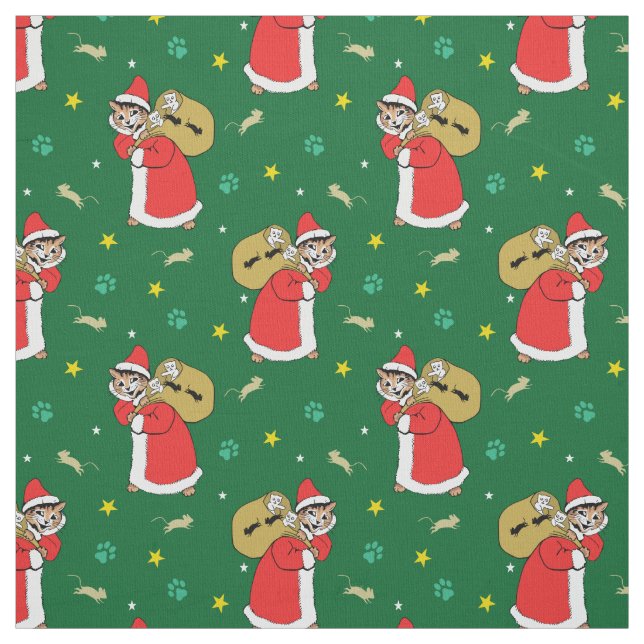 Santa Paws Cats Christmas Green Fabric (Swatch)