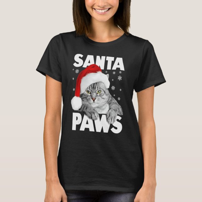 Santa Paws Christmas Kitty Cat Funny T-Shirt (Front)
