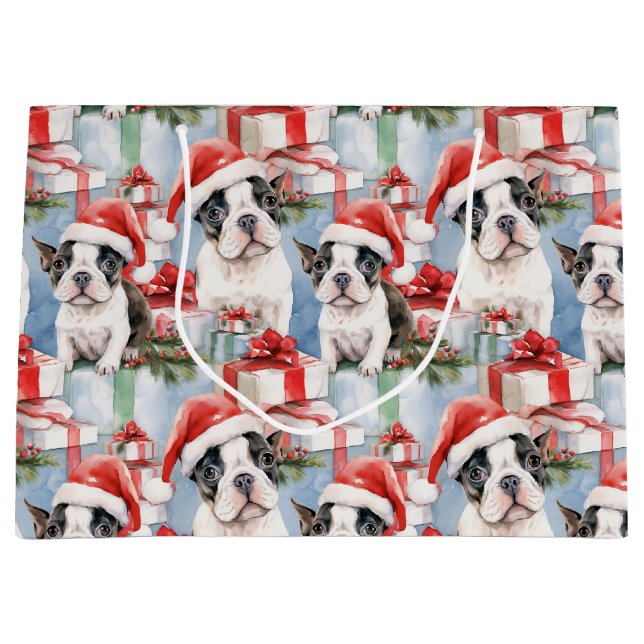 Santa Paws Christmas Wrap Frenchie Edition Large Gift Bag (Front)