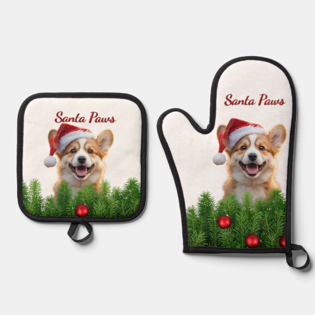 Santa Paws Corgi Holiday Kitchen Design Oven Mitt & Pot Holder Set (Front)