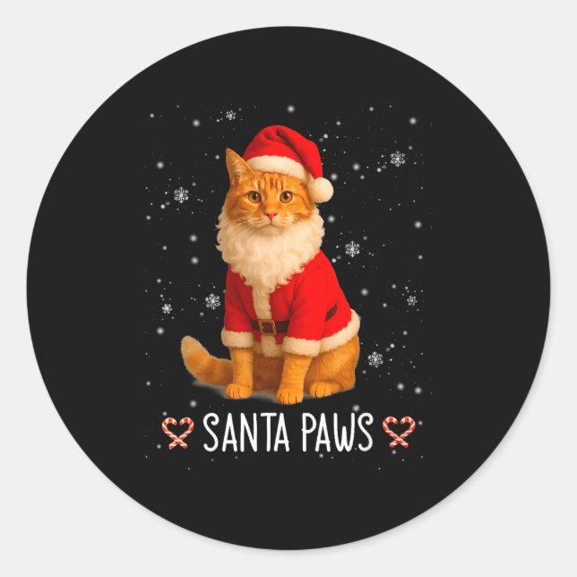 Santa Paws Funny Orange Tabby Cat Christmas Holida Classic Round Sticker (Front)