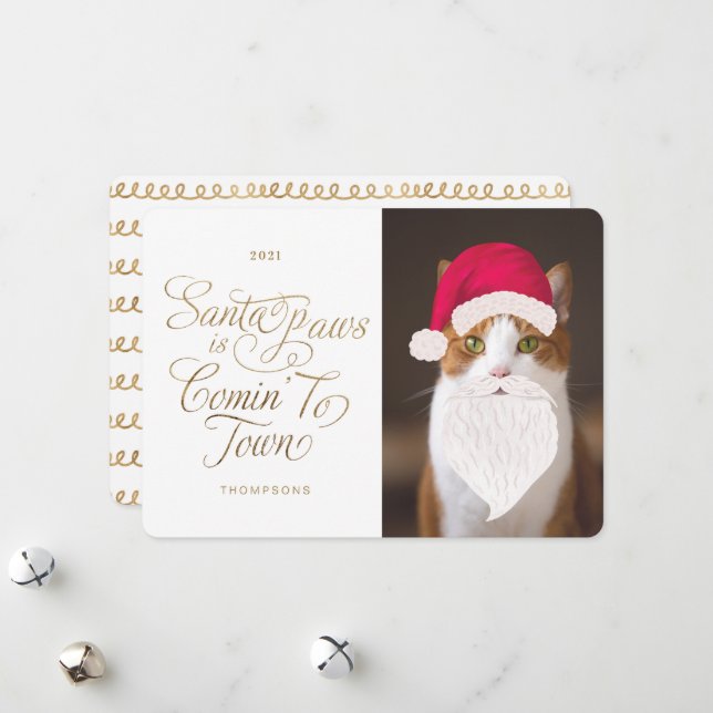 Santa Paws is Comin' to Town Fun Pet Photo Santa Holiday Card (Front/Back In Situ)