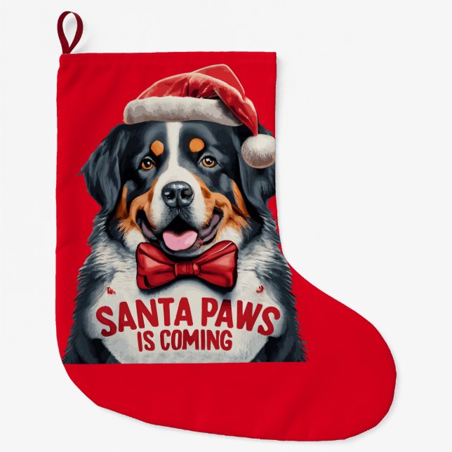 Santa Paws Is Coming Bernese Mountain Christmas Large Christmas Stocking (Front)