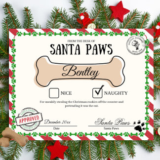 Santa Paw's Naughty List Certificate for Dogs Poster