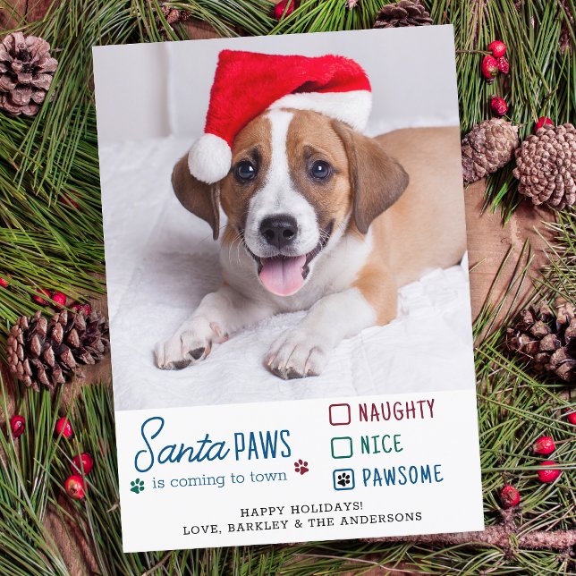 Santa Paws Naughty Nice Pawsome Dog Pet Photo  Holiday Card (Creator Uploaded)